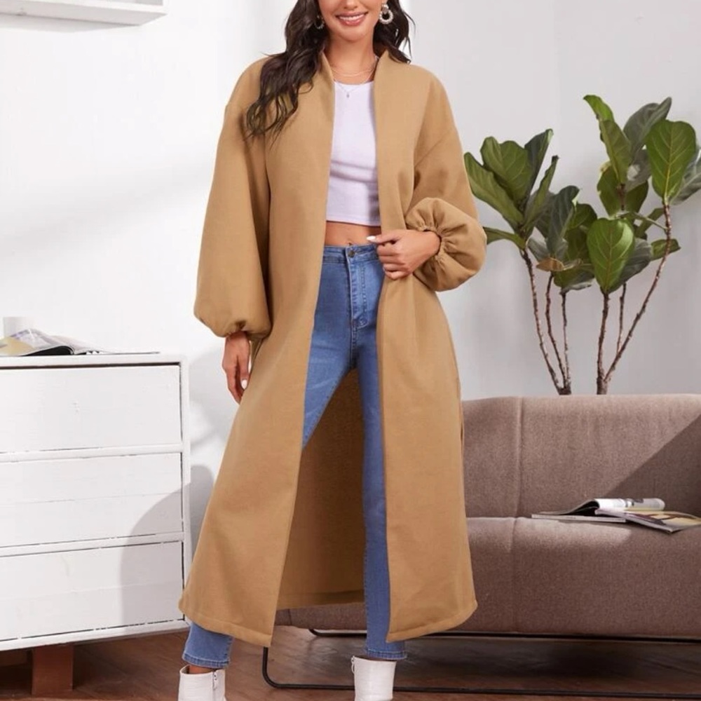 Camel Colored Split Hem Long Coat Lantern Sleeves - image 1